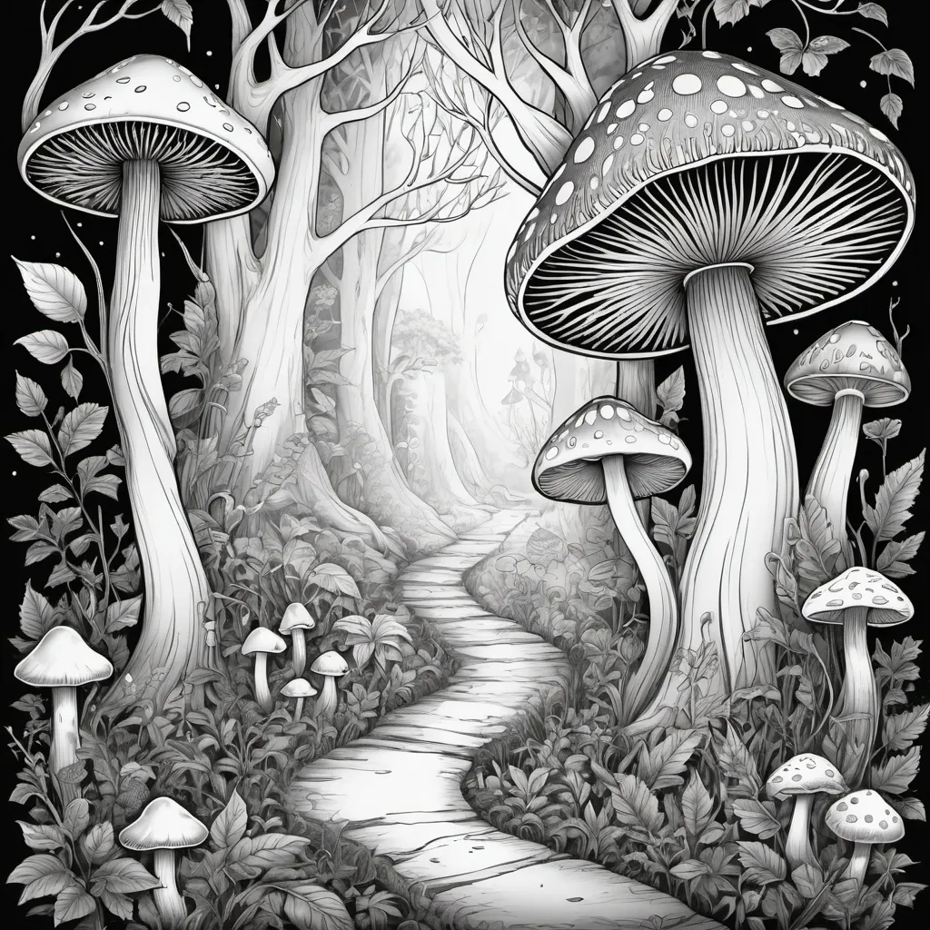 Prompt: (black and white) detailed adult coloring page featuring whimsical faeries, (intricate mushrooms), enchanting forest scenery, and mystical occult imagery, magical ambiance, intricate patterns, nature elements, fantasy style, highly detailed line art, inviting exploration, immersive composition, enchanting themes, designed for relaxation and creativity.