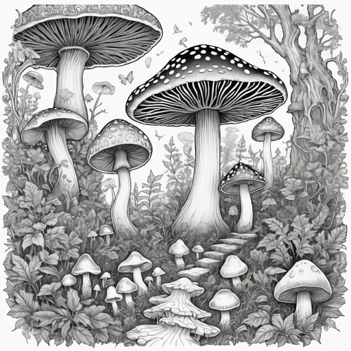 Prompt: (black and white) detailed adult coloring page featuring (intricate mushrooms), whimsical faeries, enchanting forest scenery, and mystical occult imagery, magical ambiance, intricate patterns, nature elements, fantasy style, highly detailed line art, inviting exploration, immersive composition, enchanting themes, designed for relaxation and creativity.