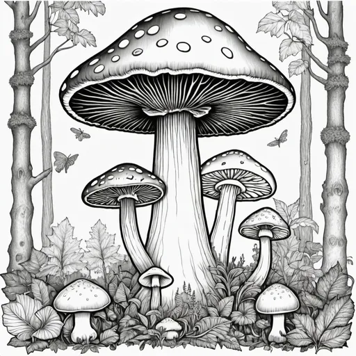 Prompt: Adult coloring page that details mushrooms, faeries, the forest, and occult imagery