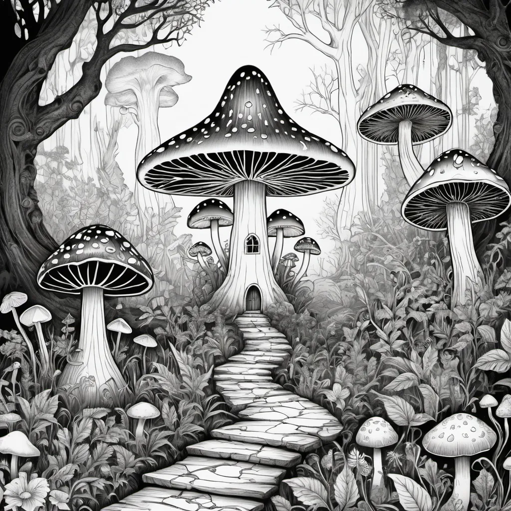 Prompt: (black and white) detailed adult coloring page featuring whimsical fairies, (intricate mushrooms), enchanting forest scenery, and mystical occult imagery, magical ambiance, intricate patterns, nature elements, fantasy style, highly detailed line art, inviting exploration, immersive composition, enchanting themes, designed for relaxation and creativity.