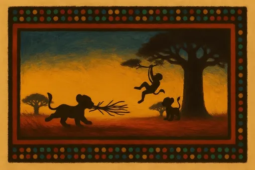 Prompt: I would like you to keep the same black silhouette style. Same motif, same feeling, but I would like you to create coffee, swinging from tree to tree while lulu the cub is gragging sticks back to help Nia 