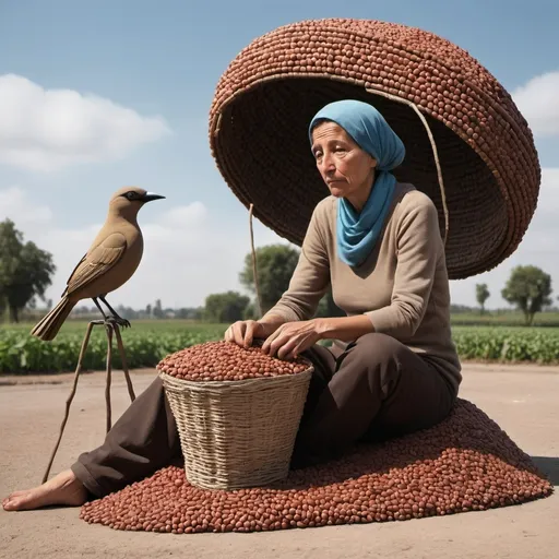 Prompt: a poor mother sitting on the ground next to a bird made of beans and a basket of beans in front of her, Chris LaBrooy, ecological art, incredible art, a surrealist sculpture