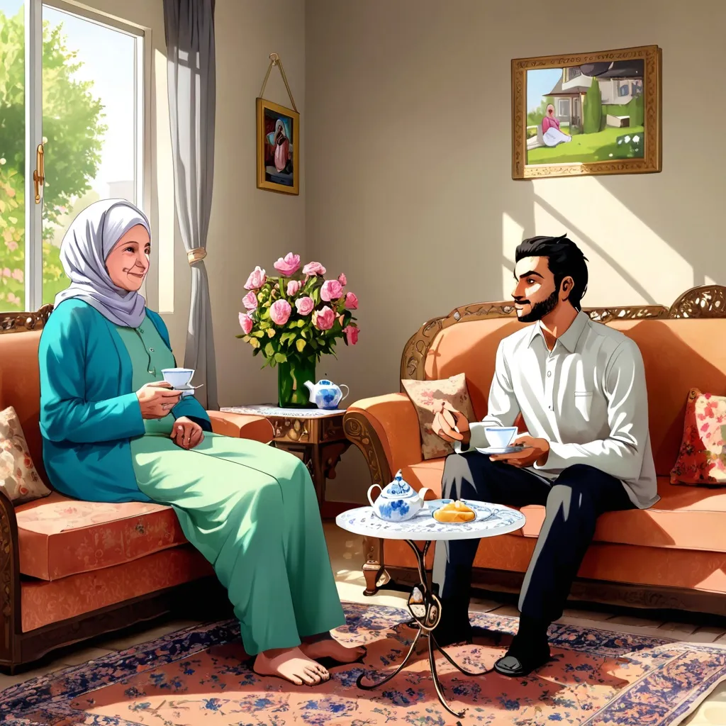 Prompt: The handsome young man, Mohammed, sits next to his beautiful forty-year-old aunt in the living room on the sofa, and behind them is the sunny, flowering garden of the house. They drink tea and exchange conversation.