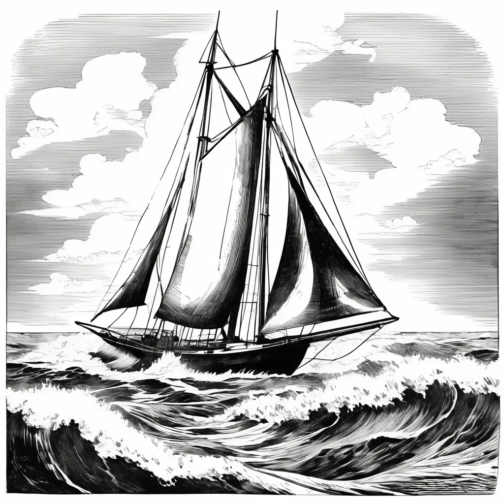 Prompt: Vintage clipart drawing of a ocean scene with sail boat black and white high quality 