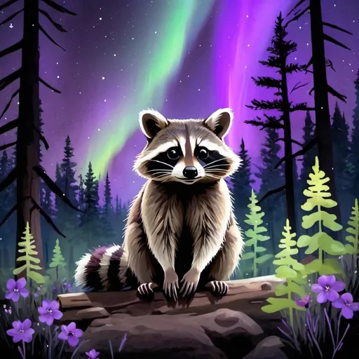 Prompt: Raccoon, forest, Aurora, Northern lights, purple flowers Stars, 