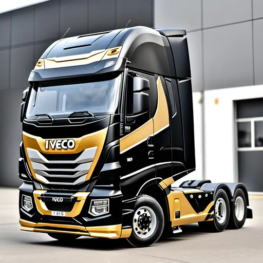 Prompt: Carton iveco s way truck monster style black and gold paint 