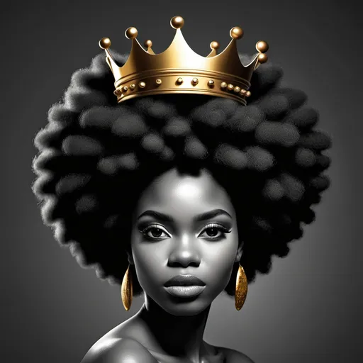 Prompt: black and white clip art image of a beautiful afro with a golden crown on top