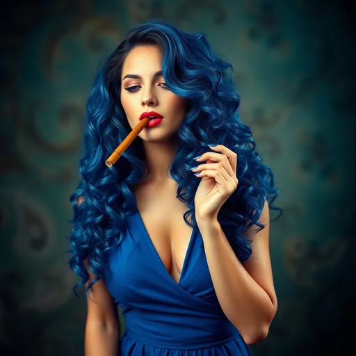 Prompt: Beautiful, woman with long curly blue hair, in blue dress, smoking a cigar