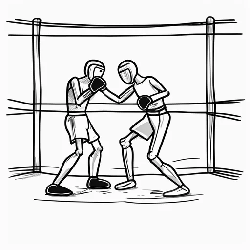 Prompt: Draw a sketch of two Stickman in a boxing ring on a plain white background