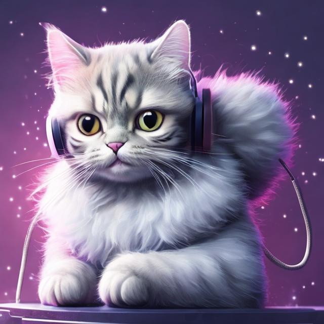 Prompt:  a magic realistic cat with headphone space background 