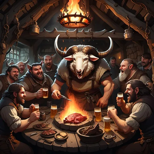 Prompt: A dramatic and fantastical tavern scene in a dark, otherworldly forest. Inside the stone-and-timber tavern, men and wolves sit together at burning tables, drinking beer from frothy tankards. The atmosphere is chaotic yet lively, filled with laughter, growls, and the smell of roasted meat. Sheep are roasting on a fiery rotisserie pit in the center of the room, flames licking their bodies as fat drips into the fire below. Sausages are scattered across the tables alongside pools of glowing embers.
Zeus descends from the heavens through a shattered roof, surrounded by lightning and thunderbolts. His massive form is clad in golden armor, his beard flowing like storm clouds, holding a glowing thunderbolt in one hand and a goblet of ambrosia in the other. Lightning illuminates the scene, casting dramatic shadows and making the flames burn brighter. Rain lashes outside, but the interior glows with fiery intensity.