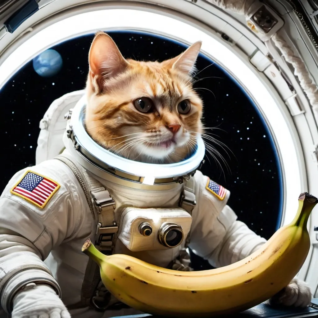 Prompt: A cat eating a banana while traveling through space