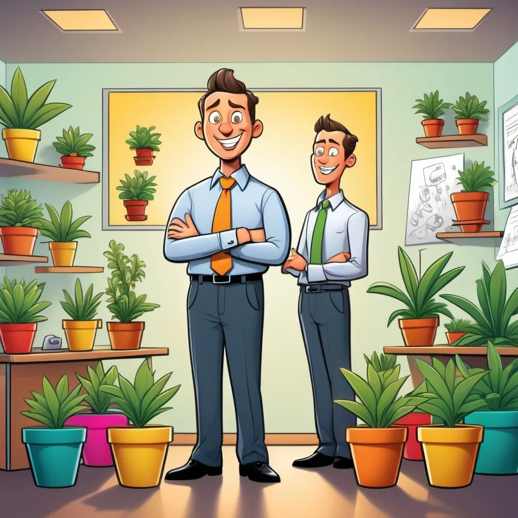 Prompt: (cartoons style), a businessman presenting his product with enthusiasm, standing confidently in a small office, surrounded by five (humanized) plant pots with expressive faces, eagerly listening, bright colors, cheerful ambiance, whimsical details like office accessories, (humorous expression), (cartoonish features), warm lighting, playful elements, high-quality illustration, reminiscent of children's animated shows.