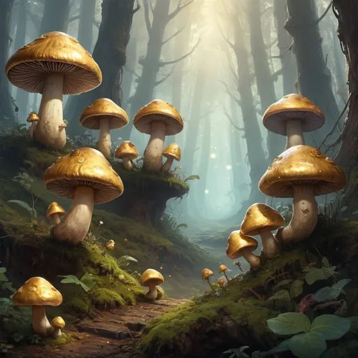 Prompt: "Write a story about a colony of sentient mushrooms who embark on a quest to find the legendary Golden Snail, said to grant wishes to whoever can catch it.

