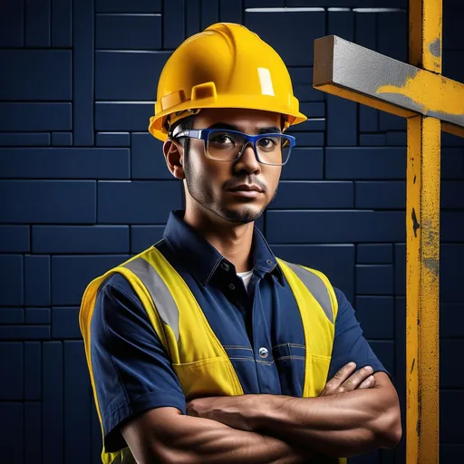 Prompt:  construction images for a website, featuring a construction worker clad in a yellow helmet and uniform, paired with vibrant dark blue. Include multiple icons representing construction materials like bricks, steel beams, and tools. Incorporate a sleek background that signifies an industrial worksite ambiance. Emphasize a modern and professional look suitable for construction-themed visuals, ensuring high-quality and eye-catching designs.