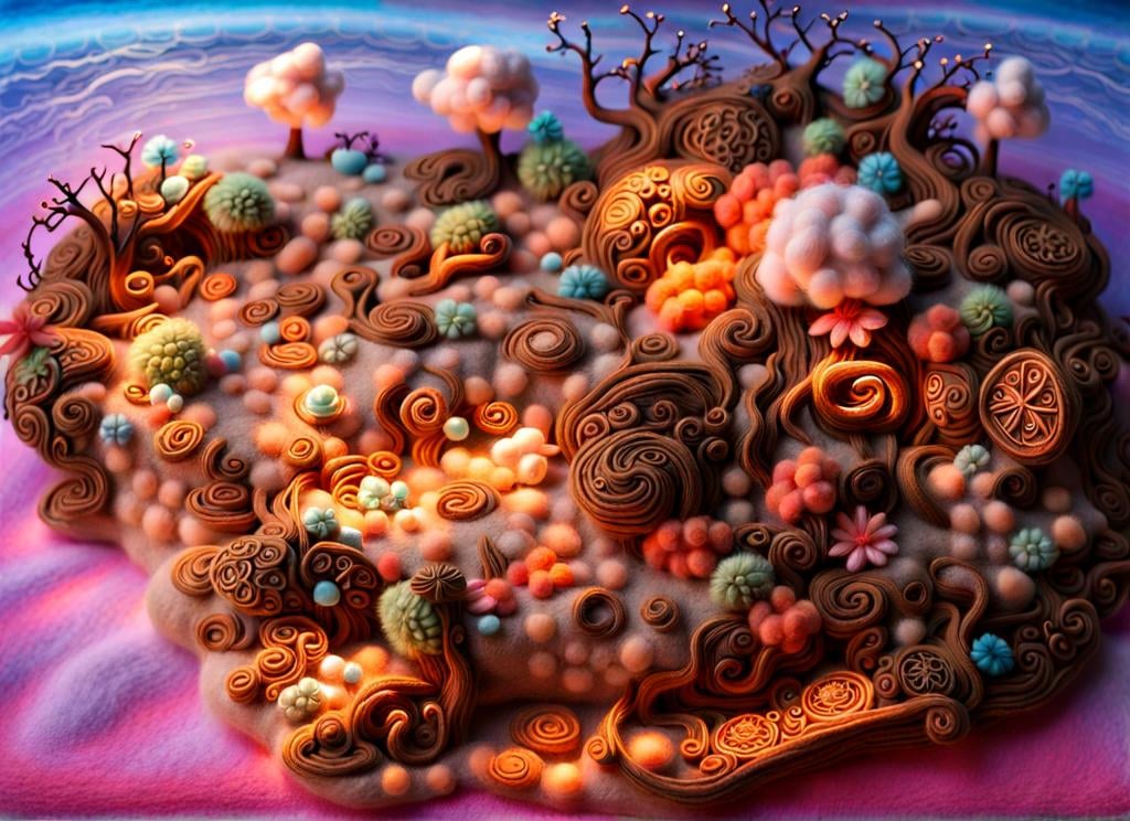 Prompt: needle-felted ornate magical world, fluffy clouds in the sky and bioluminescent flowers and crystals instead of roots, trees and vines, hyper detailed, trippy