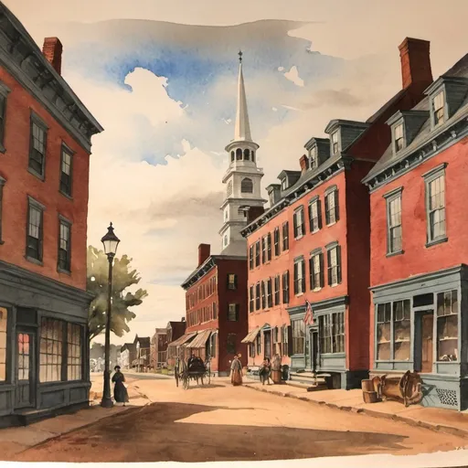 Prompt: newburyport massachusetts 1800s town scene watercolor