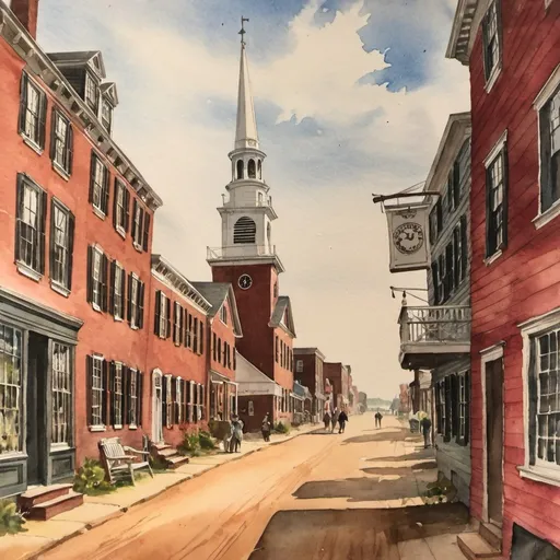 Prompt: newburyport massachusetts 1800s town scene watercolor