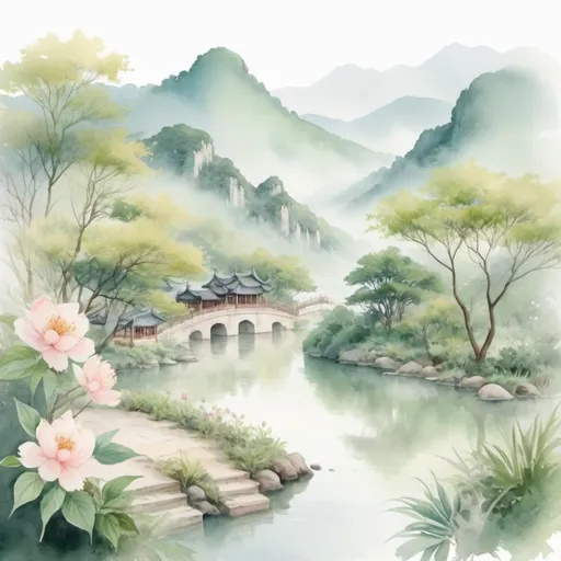 Prompt: please create a sourthen china watercolor image but use lighter color, will use that as a template for the wedding invitation