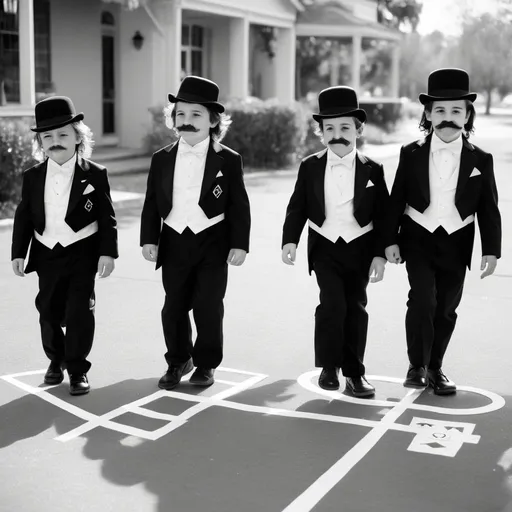 Prompt: freemasons wearing tuxedos playing hop scotch with mullets and mustaches 