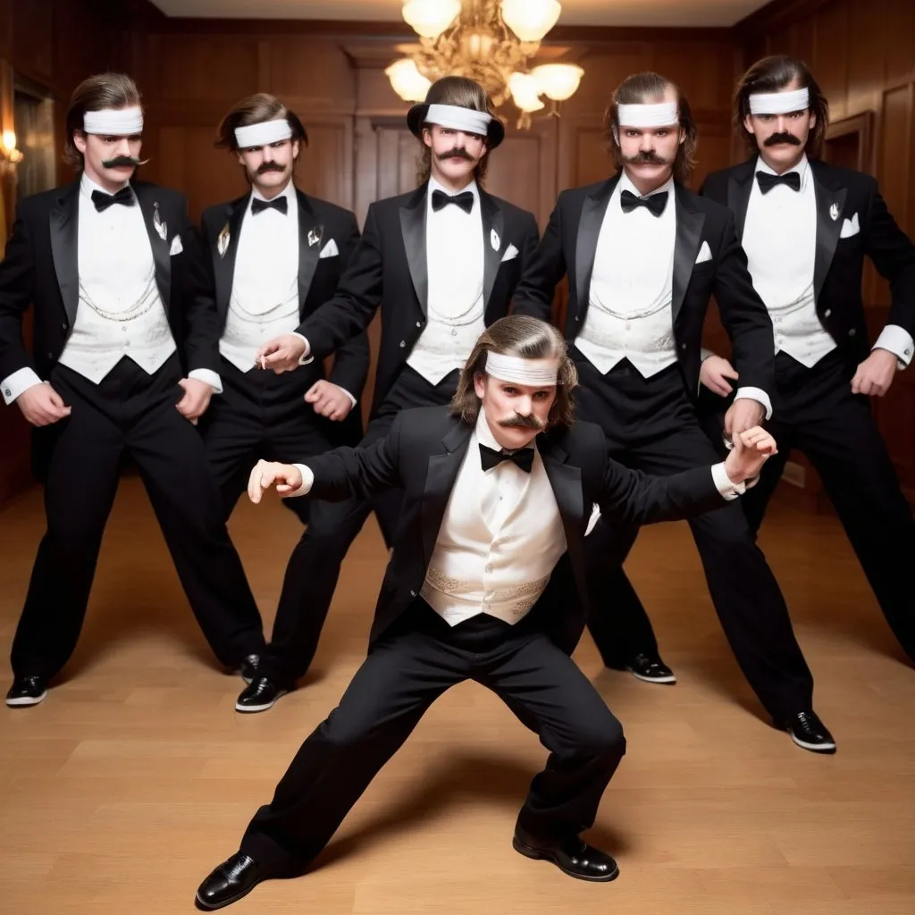 Prompt: freemasons wearing tuxedos break dancing with mullets and mustaches