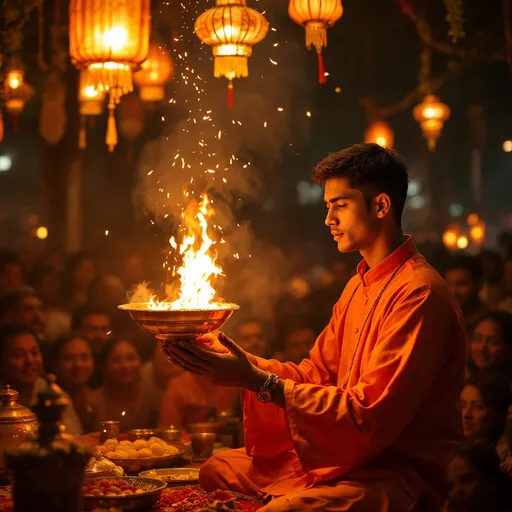 Prompt: Under the warm glow of festive lights, a young man dressed in a vibrant orange traditional outfit performs a ritual, skillfully holding a brass lamp adorned with flames. The scene is set at night, surrounded by an audience immersed in this sacred ceremony, with expressions ranging from reverence to curiosity. The backdrop features decorative lanterns that add a shimmering ambiance, casting a soft glow over the gathering. Rich hues of orange and golden light dominate the color scheme, creating a mystical atmosphere that enhances the spiritual essence of the moment. As the ritual unfolds, a sense of devotion and communal harmony fills the air, capturing the heart of this vibrant cultural celebration.