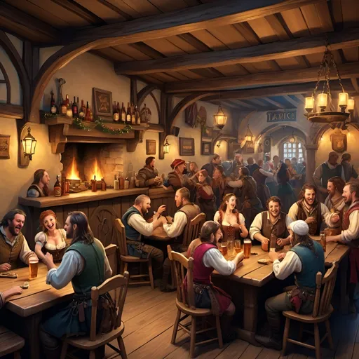 Prompt: Bustling tavern scene with bardic band performing, lively and crowded, warm and cozy atmosphere, detailed characters and outfits, high quality, medieval fantasy, vibrant colors, dynamic lighting, busy tavern interior, ornate wooden furnishings, festive mood, realistic artwork, energetic musical performance, detailed crowd, atmospheric lighting