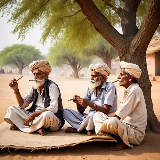 Prompt: make a image of 3 rajasthani old people smoking under the shades of oak tree while siting on traditional bed of wood and jute