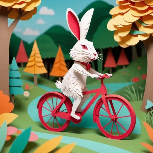 Prompt: Paper animation of a cycling rabbit in wonderland countryside, whimsical paper art style, vibrant colors, textured paper details, 3D cut-out effect, charming countryside scenery, detailed rabbit fur, realistic cycling motion, high-quality paper animation, whimsical, vibrant colors, detailed paper art, 3D cut-out effect, countryside scenery, cycling rabbit, textured details, realistic motion, high-quality