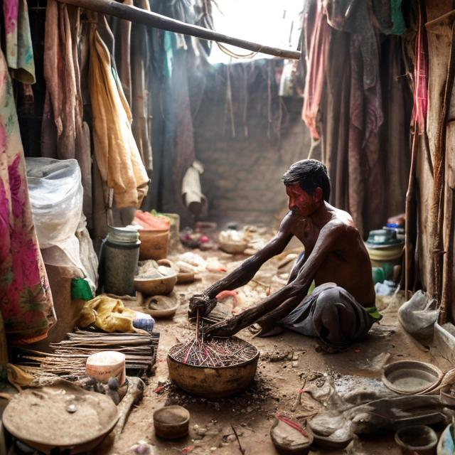 Prompt: a poor person living in dirty conditions making incense sticks
