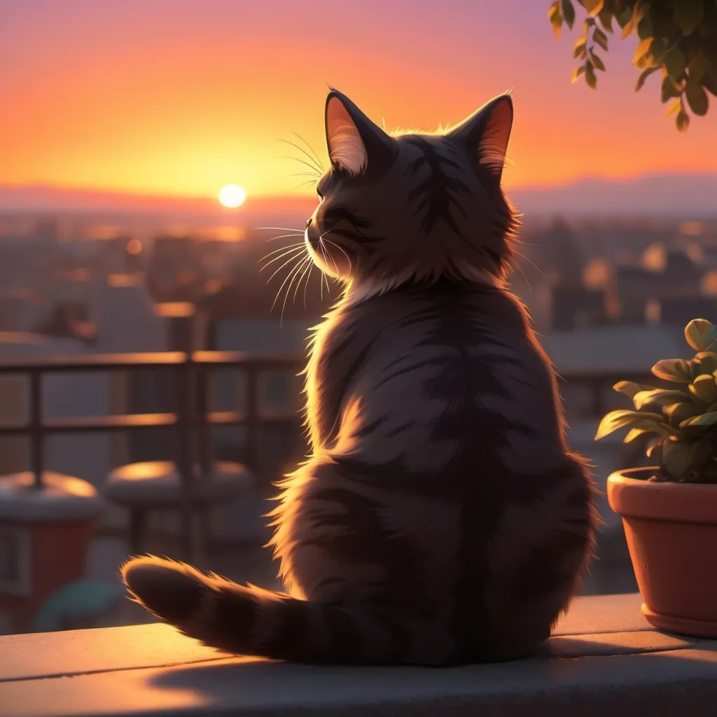 Prompt: A animated cat watching the sunset