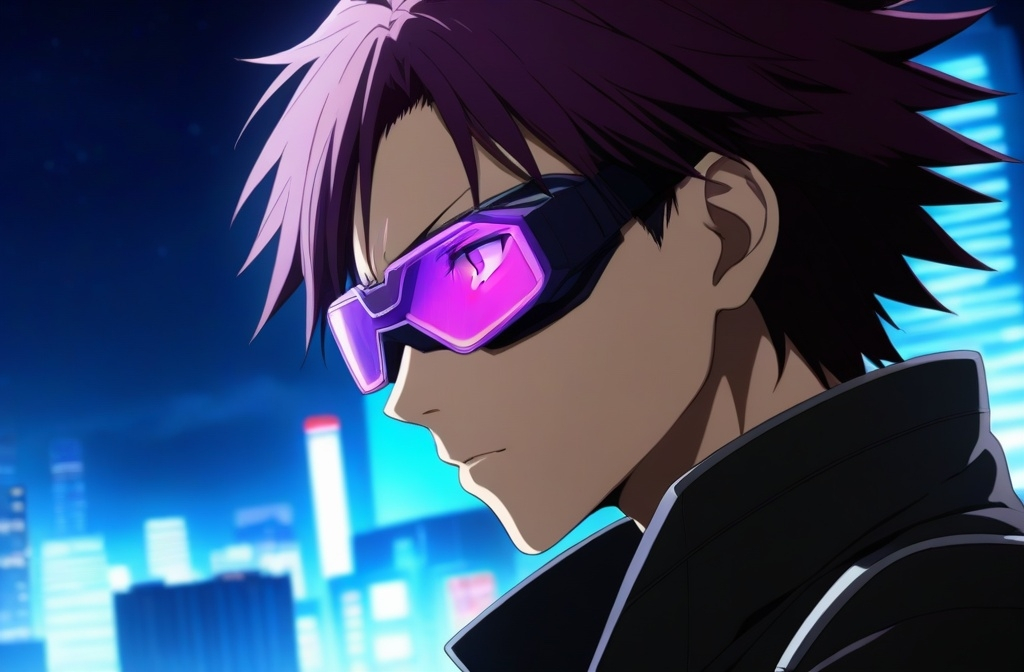 Prompt: a close up halfbody of a menacing person wearing purple futuristic googles, night city background, inspired by Atsushi Ohkubo, intense gaze, tumblr, Shin Hanga style, profile picture, profile image, high quality anime movie still, looking at the side, profile pic, movie photo, anime film, Yoshitaka Amano, promotional picture, movie promotional image, 2019 anime, high quality illustration, detailed anime soft face, detailed shadows, intricate detail, high quality