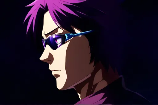 Prompt: a close up halfbody of a menacing person wearing purple futuristic googles, night city background with crimson moon, inspired by Atsushi Ohkubo, intense gaze, tumblr, Shin Hanga style, profile picture, profile image, high quality anime movie still, looking at the side, profile pic, movie photo, anime film, Yoshitaka Amano, promotional picture, movie promotional image, 2019 anime, high quality illustration, detailed anime soft face, detailed shadows, intricate detail, high quality