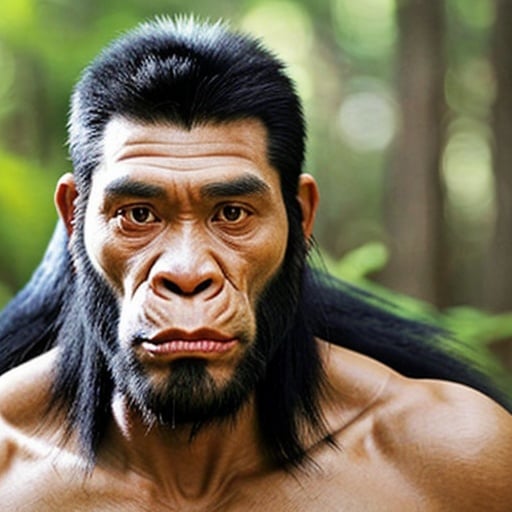 Prompt: A super masculine papuan aboriginal siberian asian neanderthal caveman with a tall long face who is a boxer stood In a pine forest he has black skin and long black hair and a large nose chimpanzee hybrid