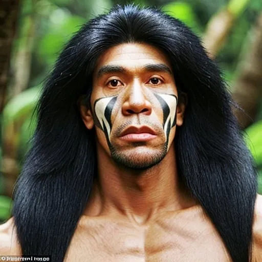 Prompt: A super masculine papuan aboriginal siberian asian neanderthal caveman with a tall long face who is a boxer stood In a jungle he has dark black skin and long black hair and a large nose chimpanzee hybrid