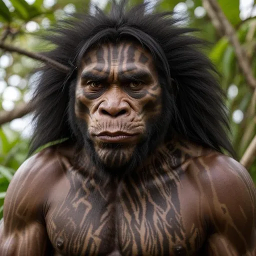 Prompt: A super masculine papuan aboriginal siberian asian neanderthal caveman with a tall long face who is a boxer stood In a jungle he has dark black skin and long black hair and a large nose chimpanzee hybrid