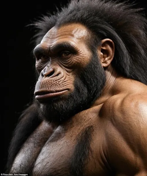 Prompt: A giant gigantism papuan tribal caveman neanderthal chimpanzee ape hybrid with black skin and long black hair and a long tall robust face