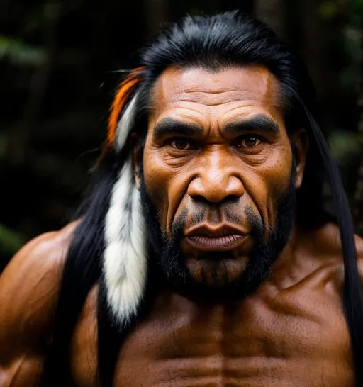 Prompt: A super masculine papuan aboriginal siberian asian neanderthal caveman with a tall long face who is a boxer stood In a pine forest he has black skin and long black hair and a large nose