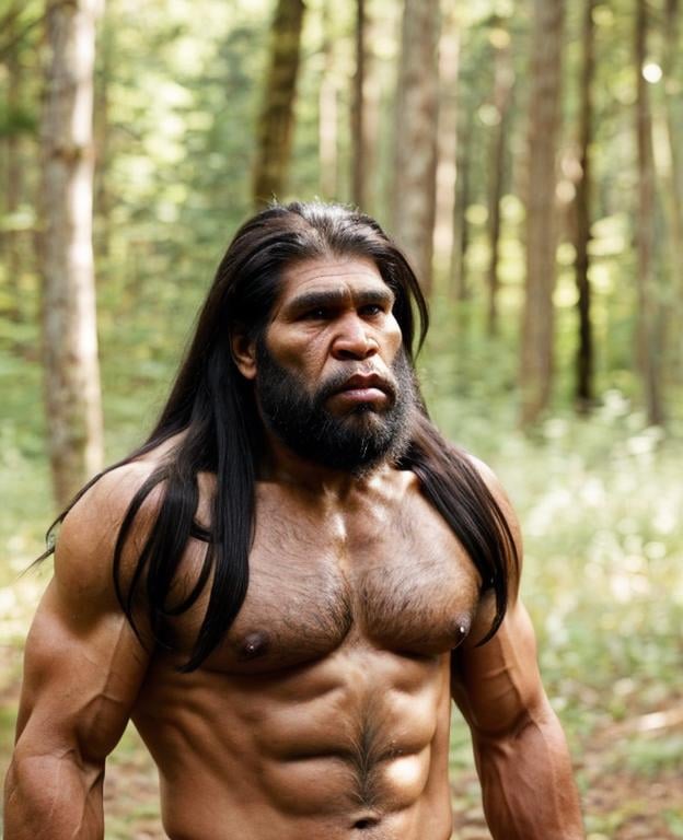 Prompt: A super masculine  neanderthal caveman boxer stood In a forest he has black skin and long black hair