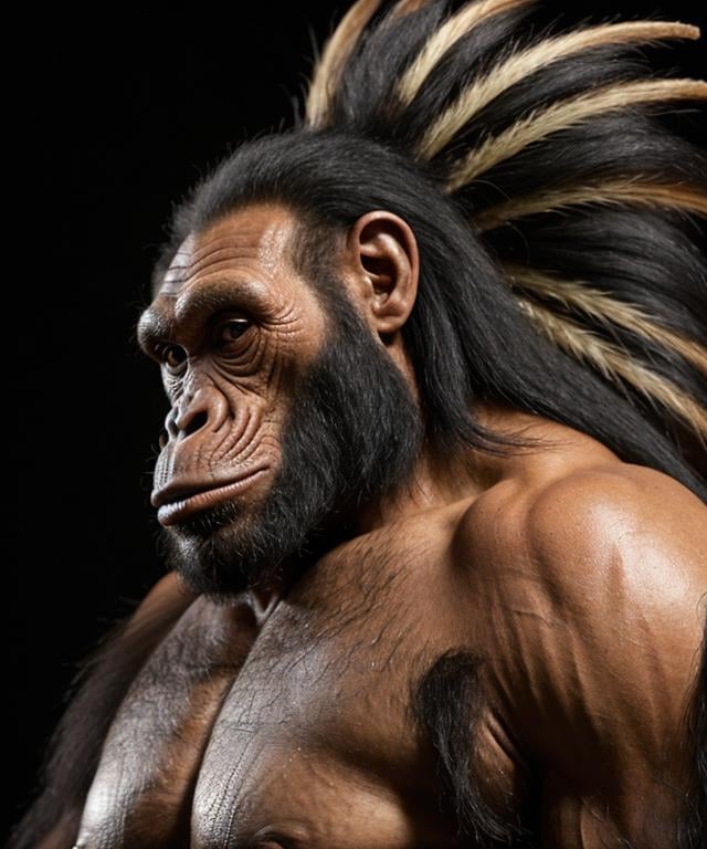 Prompt: A giant gigantism papuan tribal caveman neanderthal chimpanzee ape hybrid with black skin and long black hair and a long tall robust face