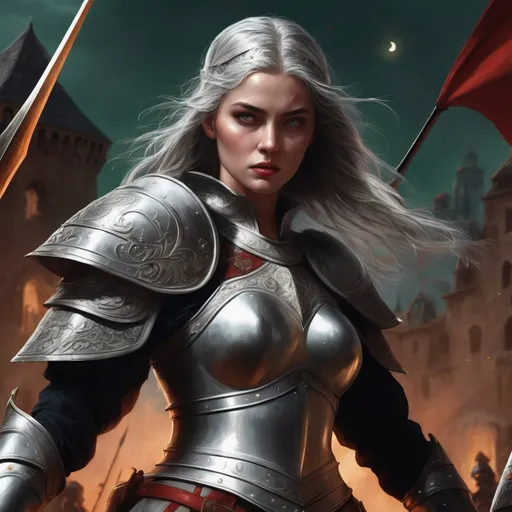 Prompt: Hyper-realistic illustration of an Irish woman in flowing silver hair and green eyes, wearing intricate armor, wielding a polearm with a crescent moon blade, battling red skull-helmeted warriors, fortress in the background, hyper-realistic, detailed eyes, flowing silver hair, intricate armor, polearm with crescent moon blade, intense battle scene, fortress backdrop, highres, ultra-detailed, hyper-realistic, fantasy, detailed armor, epic battle, professional, dramatic lighting