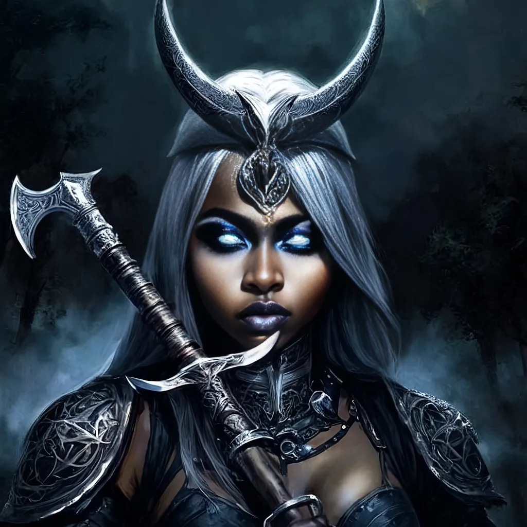 Prompt: Dark elf woman in full plate wielding a polearm with a crescent moon blade, intricate armor with etched and rolled designs of roses, high quality, detailed fantasy art, dark tones, moonlit setting, ethereal glow, detailed eyes, fierce expression, professional