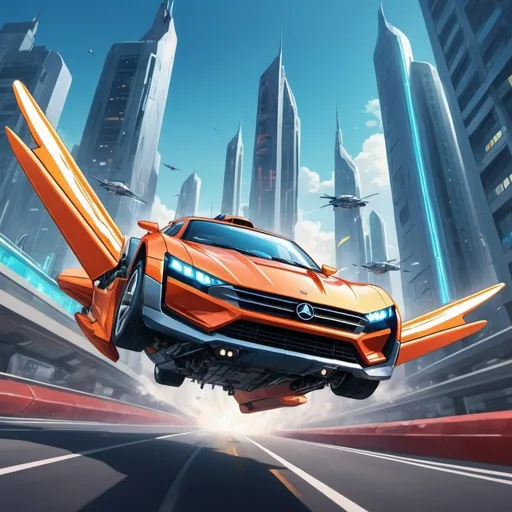 Prompt: Anime-style illustration of a futuristic flying car with missiles, vibrant and dynamic, metallic sheen, urban cityscape, detailed lines, sleek design, high-tech features, missile launchers, intense action, vivid colors, high quality, anime, futuristic, dynamic composition, sleek design, vibrant colors, detailed lines, action-packed, high-tech, and a levylaan back round