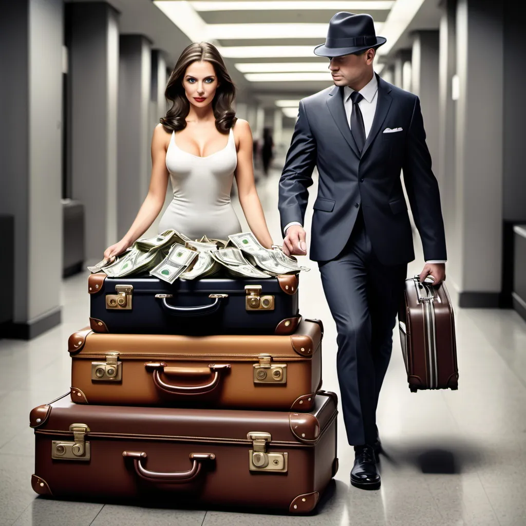 Prompt: Lady luck with two suitcases of cash with mystery man