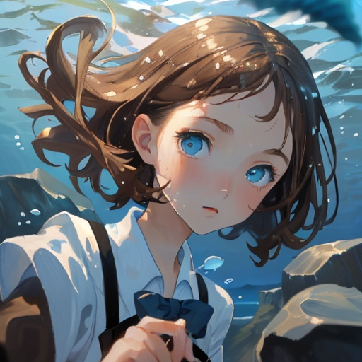 Prompt: young slender girl with brown hair and blue eyes, close-up, holding a brush in her hand, sea and rocks in the background, fish swimming in the air around