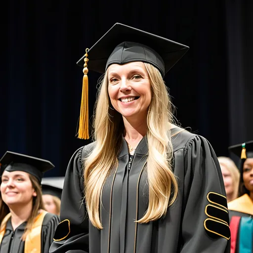 Prompt: a 40 year old white woman with long dirty blonde straight hair in Black cap and gown, graduating from Vanderbilt University with an MBA.  She is walking across the stage to get her diploma.