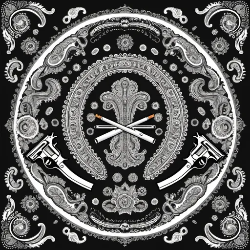 Prompt: Circular paisley pattern design with guns and bullets and cigarettes elements like gangsters bandana designs only in black and white colors