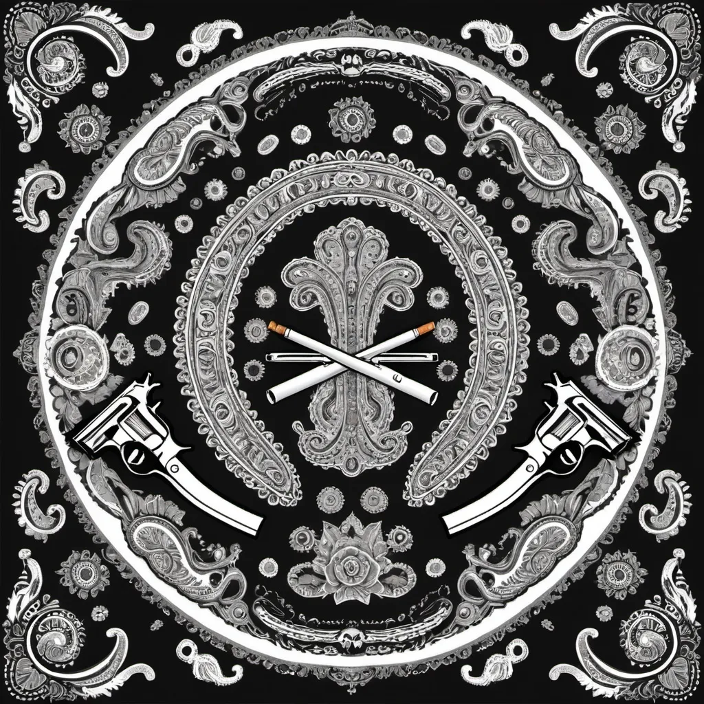 Prompt: Circular paisley pattern design with guns and bullets and cigarettes elements like gangsters bandana designs only in black and white colors