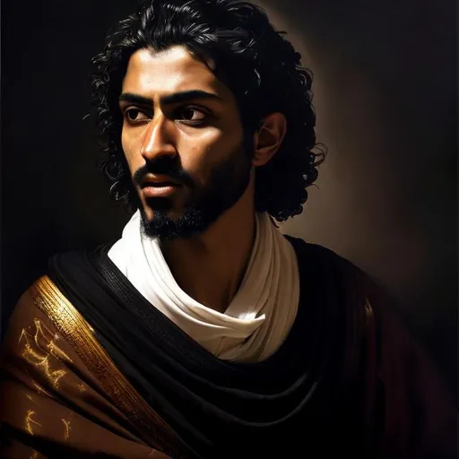 Prompt: Saudi man portrait in Caravaggio style, oil painting, detailed facial features, dramatic lighting, intense expression, rich colors, high contrast, realistic texture, historical art style, traditional clothing, baroque art, high quality