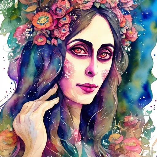 Prompt: Fairuz portrait in Miyazaki style, vibrant watercolor, flowing floral patterns, magical forest background, detailed eyes, flowing hair, professional quality, vibrant, watercolor, Miyazaki style, detailed, floral patterns, magical forest, detailed eyes, flowing hair, professional, atmospheric lighting